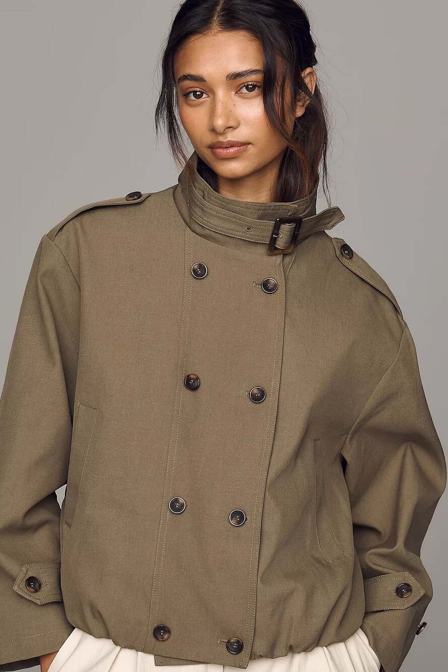 Maeve Retta Funnel-Neck Double-Breasted Short Trench Coat. NWT